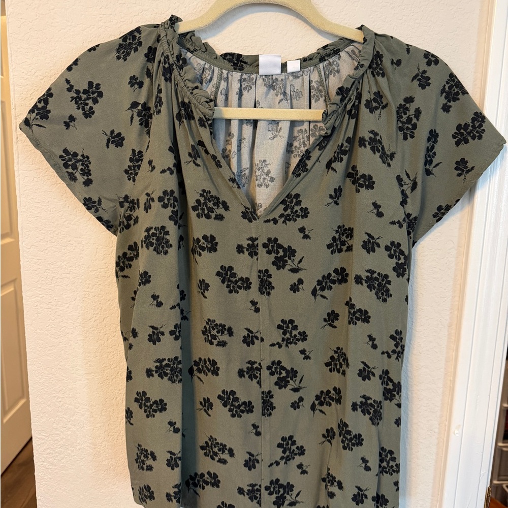 GAP Olive Blouse with Black Floral Design